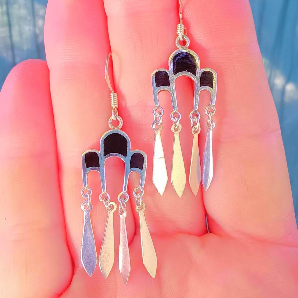 925 Sterling Silver Onyx Gemstone Fringe Dangle Earrings